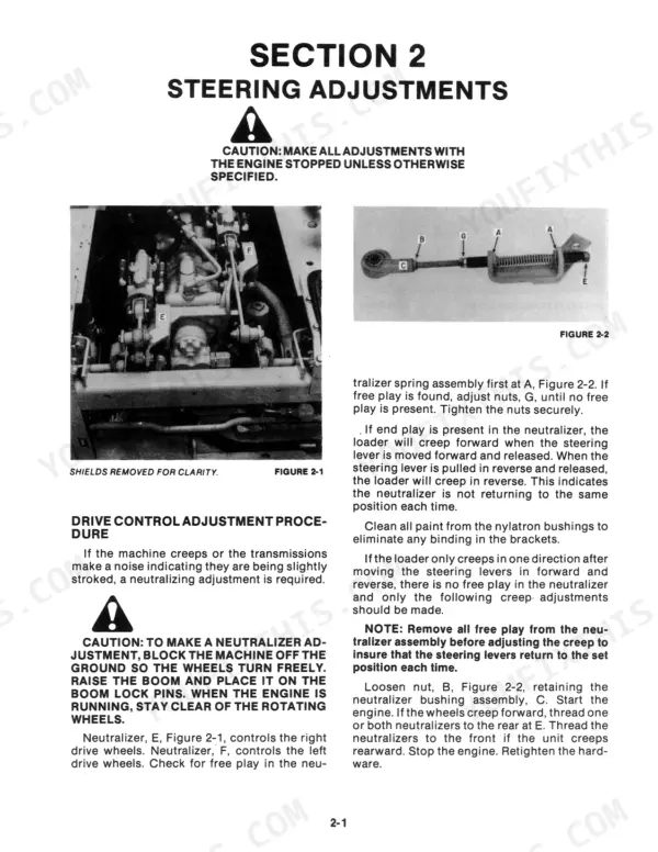 New Holland L-781, L-784, L-785 steering adjustment procedures, neutralizer assembly diagrams, and creep adjustment steps.