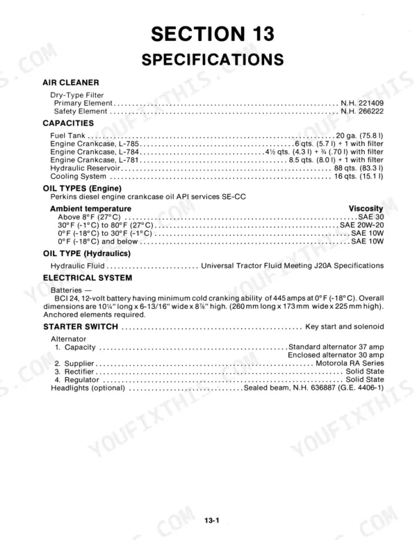 New Holland L-781, L-784, L-785 specifications table for air cleaner, fluid capacities, oil types, electrical, and alternator.