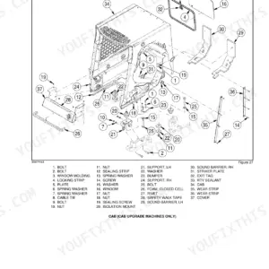New Holland L140, L150 exploded view diagram of cab frame, window, and sound barrier components with parts list.