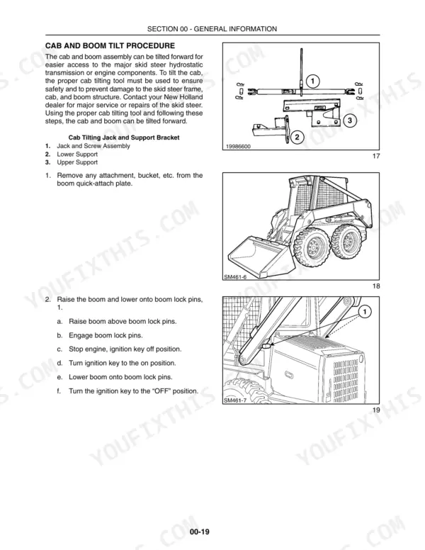 New Holland L140, L150 cab and boom tilt procedure, showing jack assembly, boom lock pins, and safety instructions.