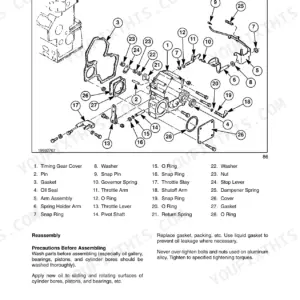 New Holland L160, L170 engine timing gear cover exploded view diagram with parts list and reassembly precautions.