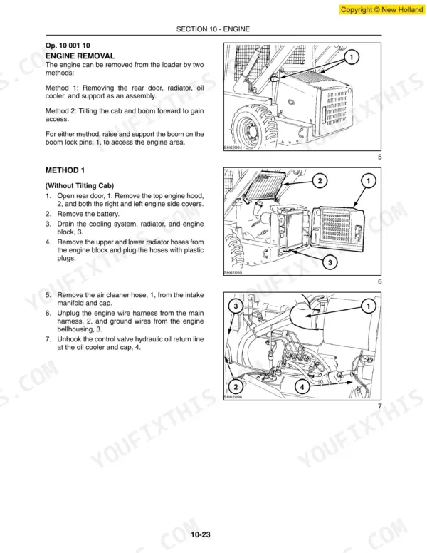 New Holland L160, L170 engine removal procedure, showing diagrams for rear door, radiator, and engine hose disconnection.