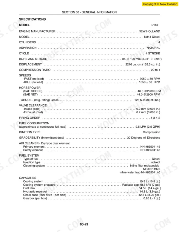 New Holland L160, L170 engine specifications table including N844 diesel engine data, capacities, and fuel system details.