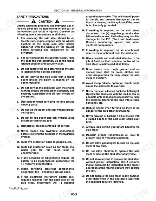 New Holland L175, C175, L175 SKID STEER, C175 TRACK LOADER safety precautions list for service and operation procedures.