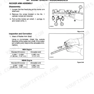 New Holland L465, Lx465, Lx485 rocker arm assembly disassembly, inspection procedures, and shaft clearance specifications.