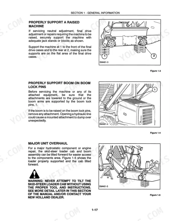 New Holland L465, Lx465, Lx485 procedures for supporting the machine, boom lock pins, and tilting the cab for overhaul.