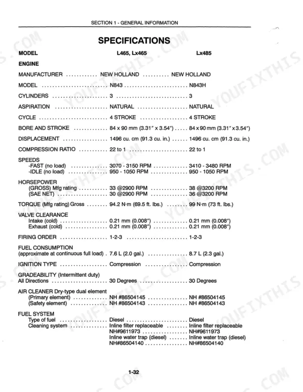 New Holland L465, Lx465, Lx485 engine specifications table including bore, stroke, torque, and valve clearance data.