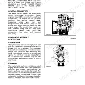New Holland L565, LX565, LX665 engine manual showing N844 engine general description, cylinder block, and crankshaft.