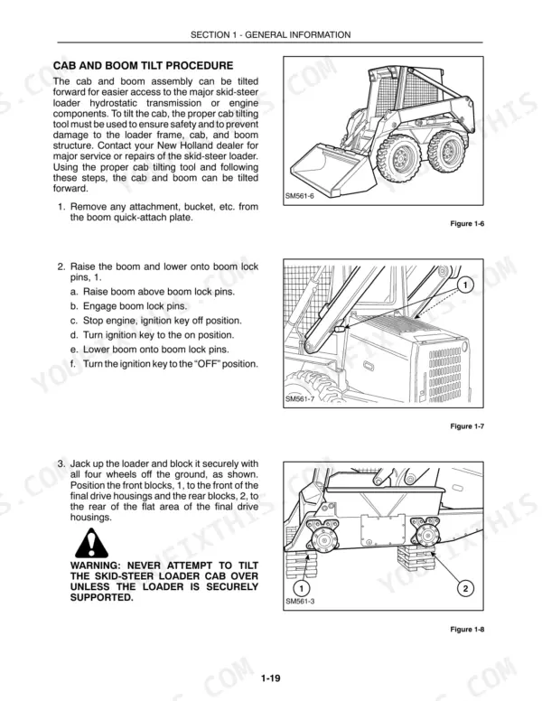 New Holland L565, LX565, LX665 cab and boom tilt procedure, including boom lock and loader jacking diagrams.