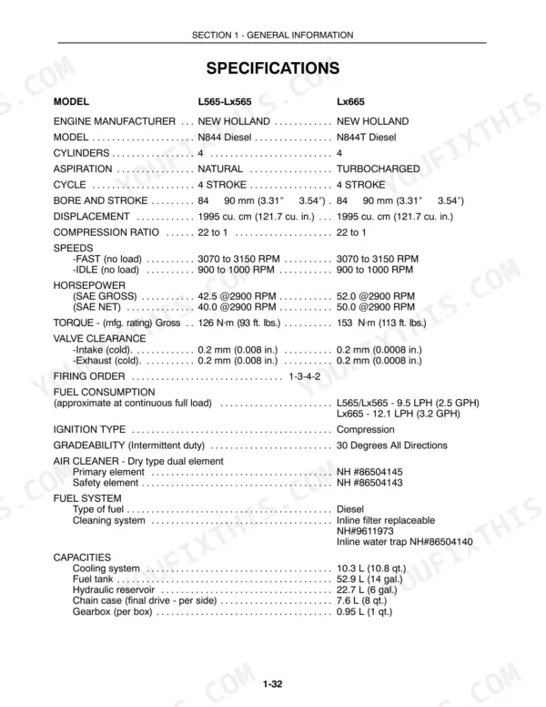 New Holland L565, LX565, LX665 engine specifications table including bore, stroke, horsepower, and fluid capacities.