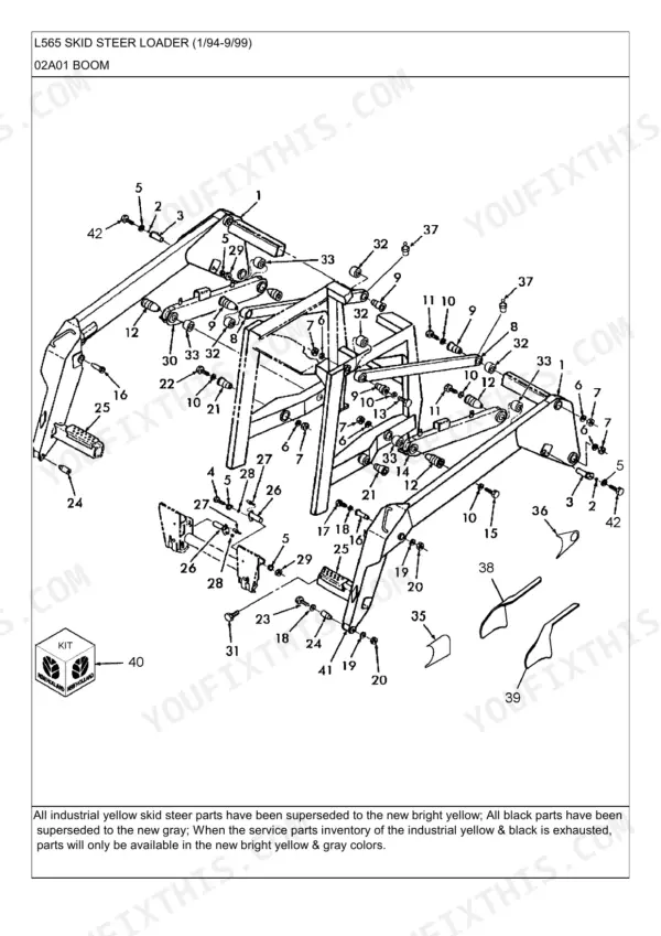 New Holland L565, L565 SKID STEER LOADER, LX565, SL45B, LX665, SL55B exploded view diagram of boom assembly components.
