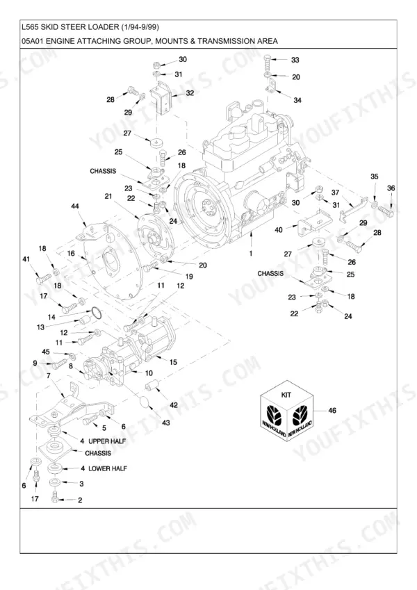 New Holland L565, L565 SKID STEER LOADER, LX565, SL45B, LX665, SL55B exploded view of engine mounts and transmission area.
