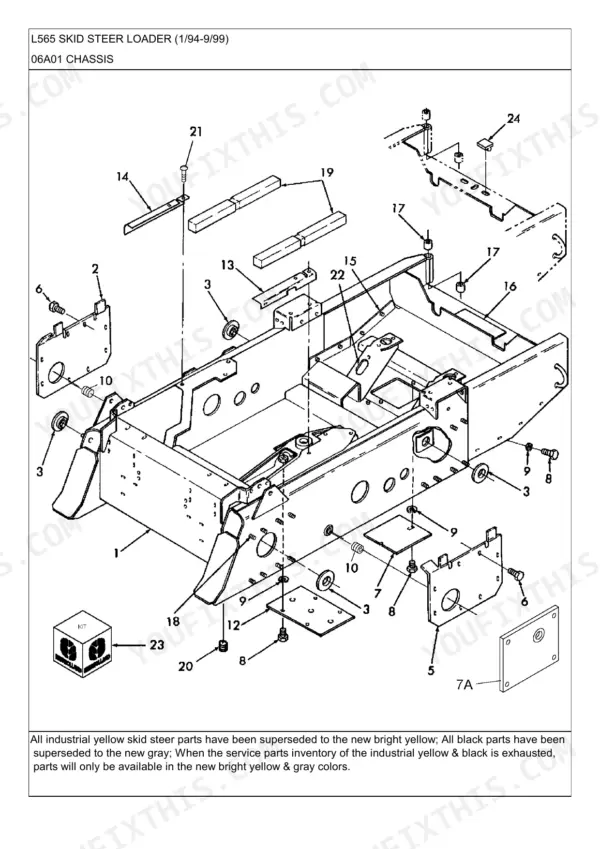 New Holland L565, L565 SKID STEER LOADER, LX565, SL45B, LX665, SL55B exploded view diagram of chassis frame components.