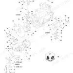 New Holland L565, L565 SKID STEER LOADER, LX565, SL45B, LX665, SL55B exploded view of engine mounts and transmission area.