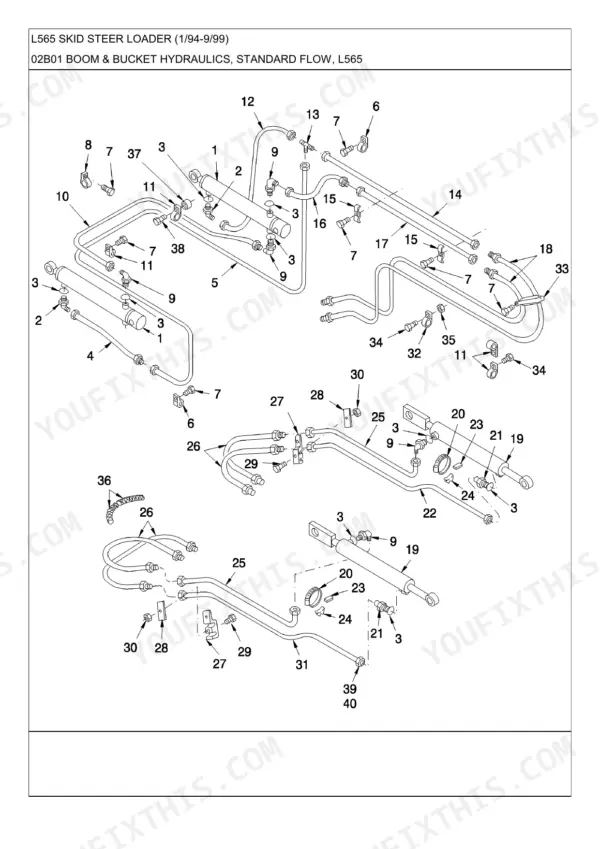 New Holland L565, L565 SKID STEER LOADER, LX565, SL45B, LX665, SL55B exploded view of boom and bucket hydraulic lines.