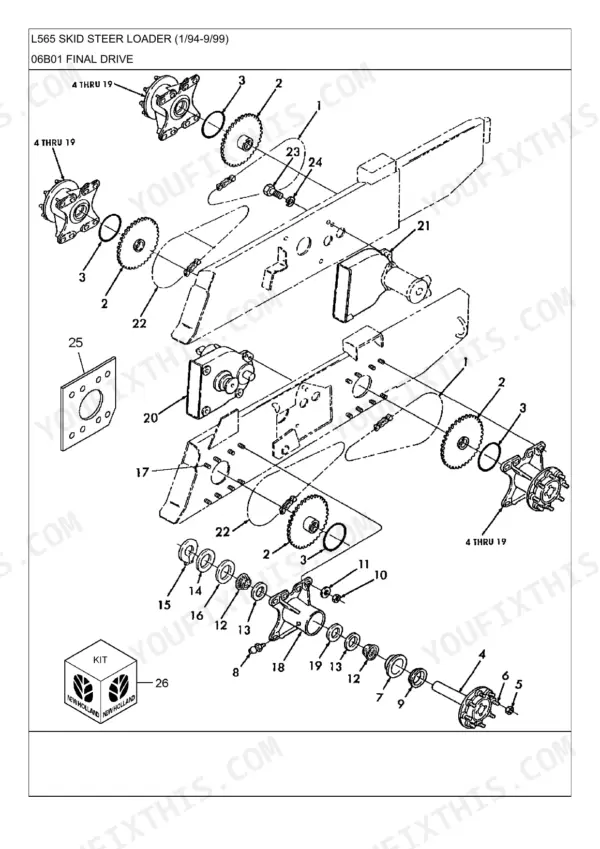 New Holland L565, L565 SKID STEER LOADER, LX565, SL45B, LX665, SL55B exploded view of the final drive assembly components.