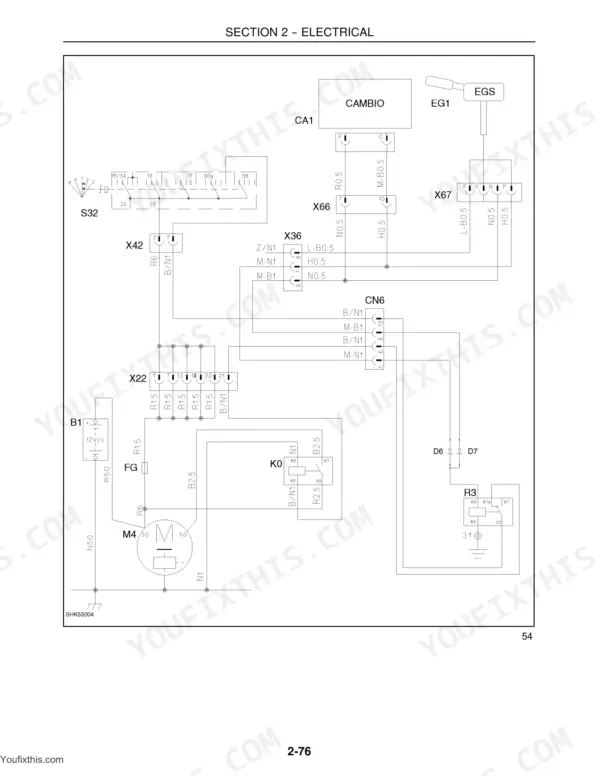 New Holland LB115, 699.510.700, EA5, 11.11 - FT16000-1, New Holland Model 450T/PD, Clark-Hurth-T16000, Danfoss/OSP 160LS, Carraro, Ultra 2PT037-033, electrical wiring diagram for starter motor M4, relay K0, and ignition switch S32.