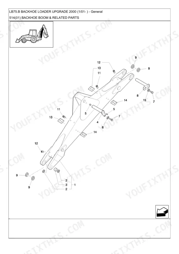 New Holland LB75.B, LB85, LB90, LB95, LB110, LB115, UPGRADE 2000 (1/01-) exploded view of backhoe boom and related parts.