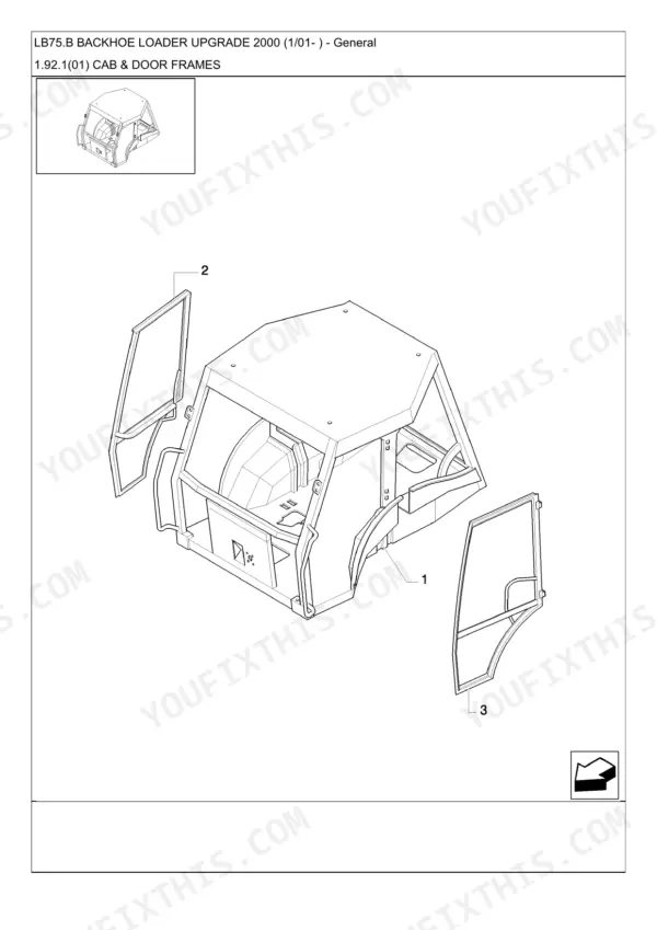 New Holland LB75.B Backhoe Loader Upgrade 2000 exploded view diagram of cab and door frame components.