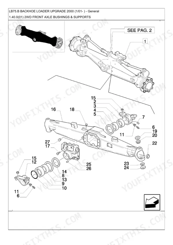New Holland LB75.B, LB85, LB90, LB95, LB110, LB115, LB75.B BACKHOE LOADER UPGRADE 2000, 2WD front axle bushings and supports diagram.
