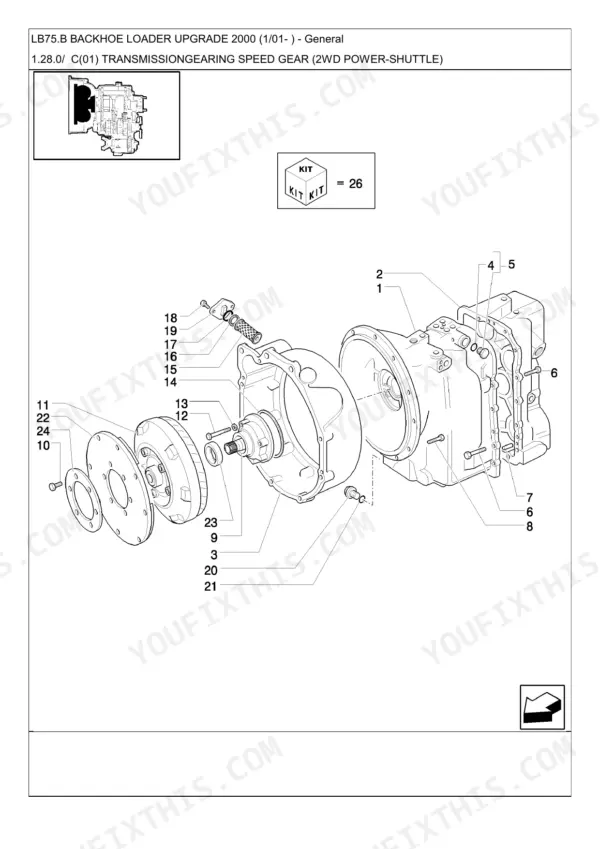 New Holland LB75.B Backhoe Loader Upgrade 2000 transmission gearing speed gear 2WD power-shuttle exploded view diagram.