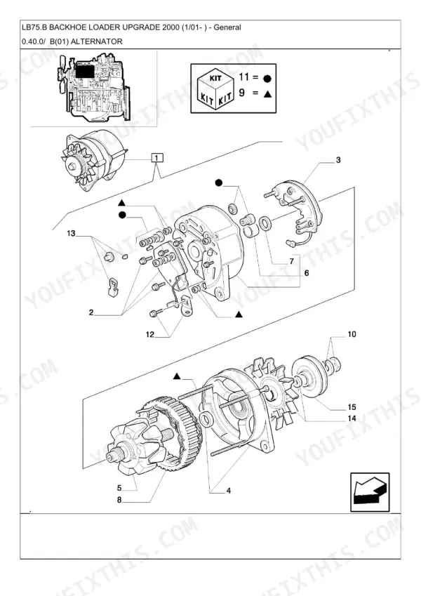 New Holland LB75.B Backhoe Loader Upgrade 2000, exploded view diagram of the alternator assembly and internal components.