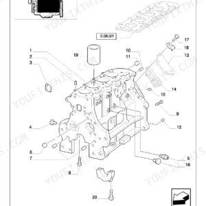 New Holland LB75.B Backhoe Loader Upgrade 2000 engine block, plugs, and cylinder sleeves exploded view diagram.