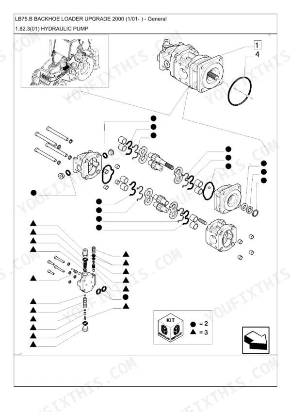 New Holland LB75.B Backhoe Loader Upgrade 2000 hydraulic pump exploded view diagram showing gear pump components and seals.