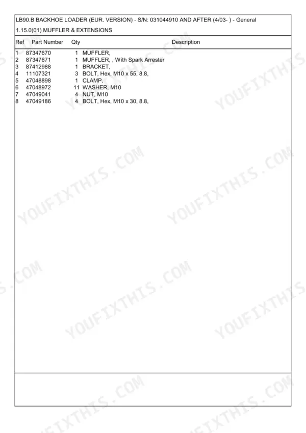 New Holland LB90.B parts catalog - Fuel Tank, Exhaust and Radiator, Part Number
