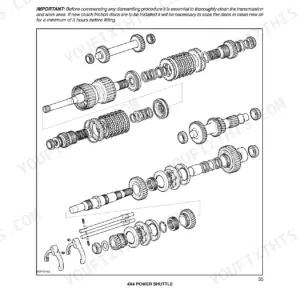 New Holland LM415A, LM425A, LM435A, LM445A exploded view of 4x4 power shuttle transmission overhaul components.