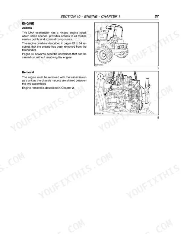 New Holland LM415A, LM425A, LM435A, LM445A engine access and removal procedures with hood and engine lift diagrams.