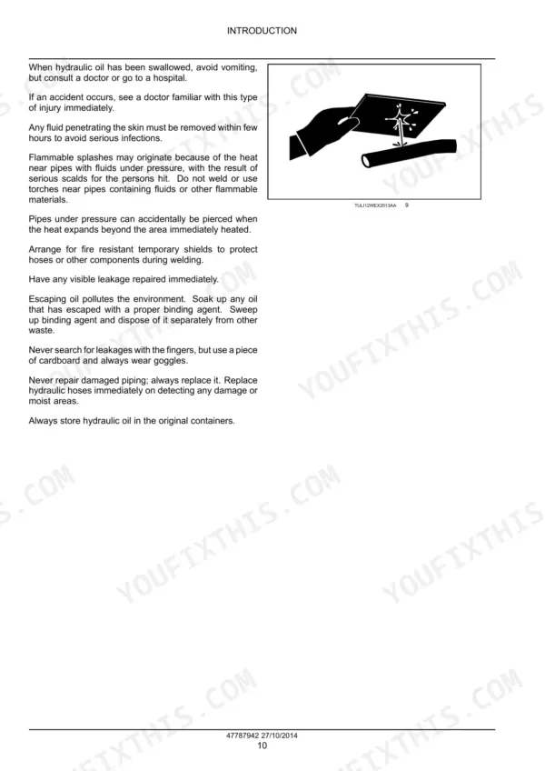 New Holland LM5020, LM5030, Tier 3 safety manual page showing hydraulic fluid injection hazard and leak inspection procedures.