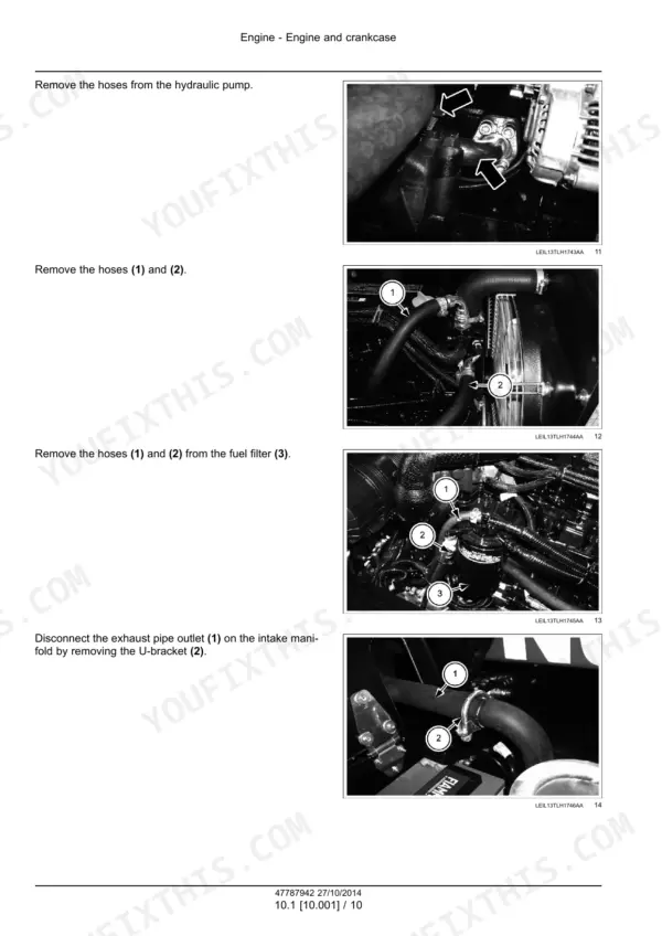 New Holland LM5020, LM5030, Tier 3 engine hose and exhaust pipe removal procedure with component diagrams.