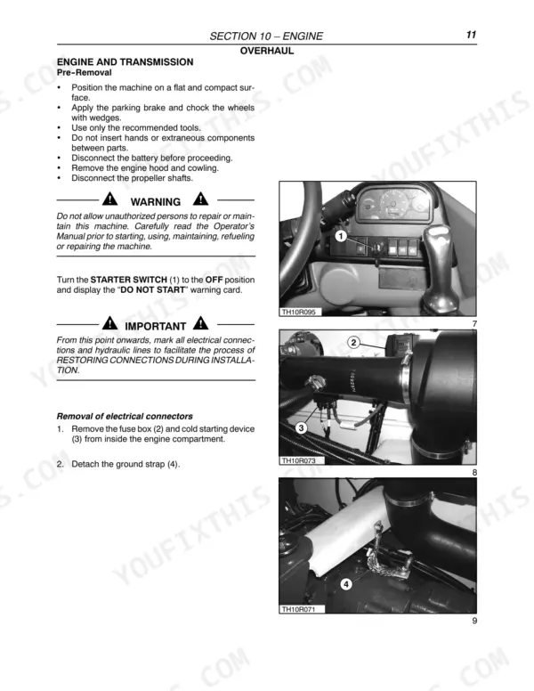 New Holland LM5040, LM5060, LM5080 engine and transmission pre-removal procedures, starter switch, and ground strap removal.
