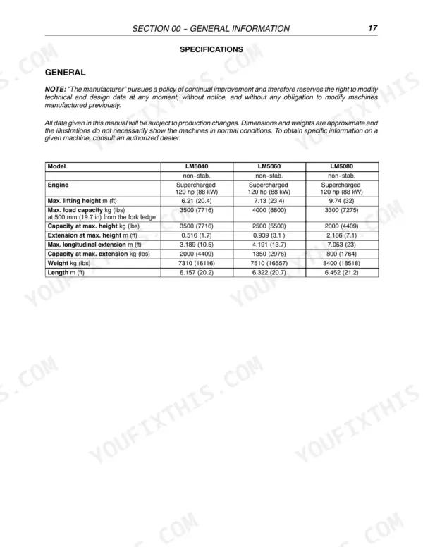 New Holland LM5040, LM5060, LM5080 general specifications table for lifting height, load capacity, and machine weight.