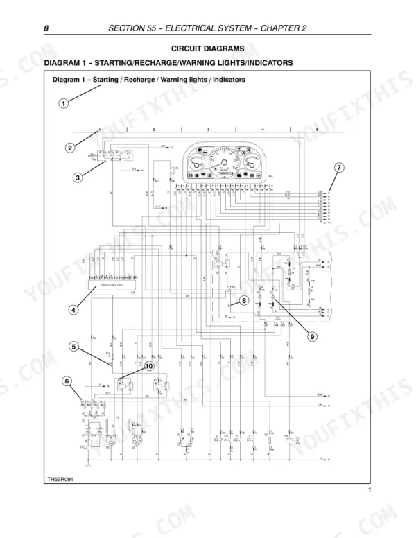 New Holland LM5040, LM5060, LM5080 electrical circuit diagram for starting, recharge, warning lights, and indicators.