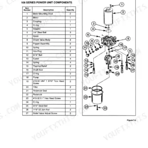 New Holland LS 25, LS 35, LS 45, LS 55 exploded view of 108 series electrohydraulic lift pump assembly components.