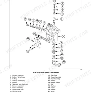 New Holland LS120, LS125 exploded view of fuel injection pump components including housing, valves, and springs.