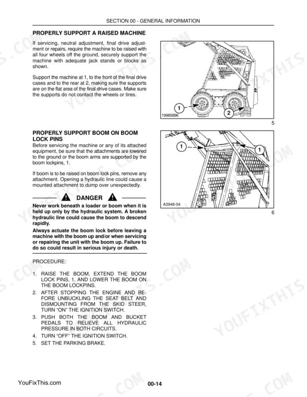 New Holland LS120, LS125 service manual page showing procedures to support a raised machine and boom lock pins.
