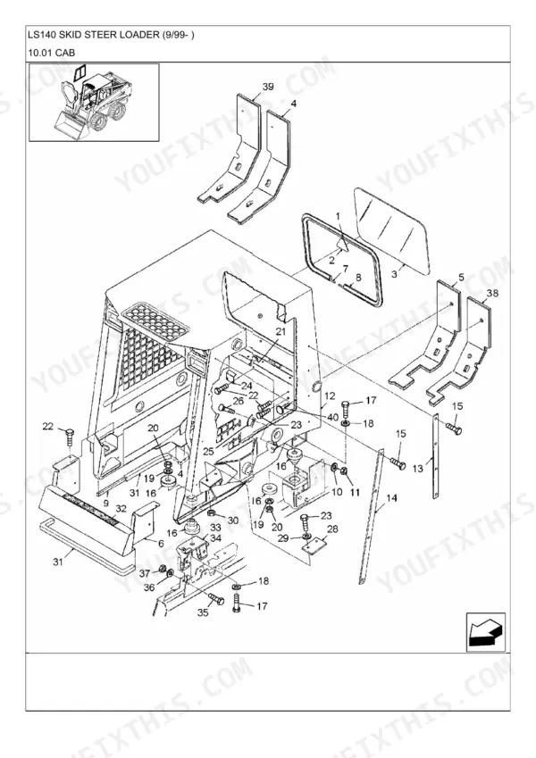 New Holland LS140, LS150, LS140 SKID STEER LOADER exploded view of cab assembly, including mounts, seals, and hardware.