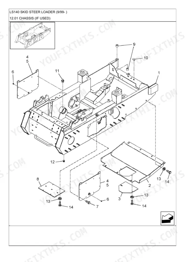 New Holland LS140, LS150, LS140 SKID STEER LOADER exploded view diagram of the chassis frame and access cover plates.