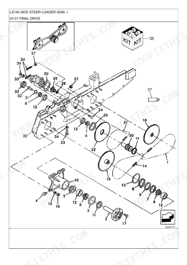 New Holland LS140, LS150, LS140 SKID STEER LOADER final drive exploded view diagram showing chain, sprockets, and axle components.