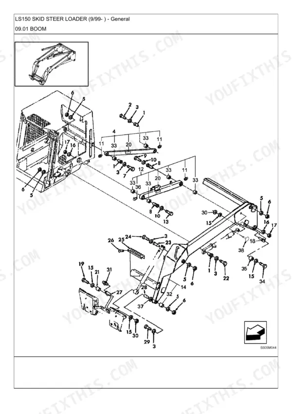New Holland LS150 exploded view diagram of boom assembly components, hardware, and pivot points.