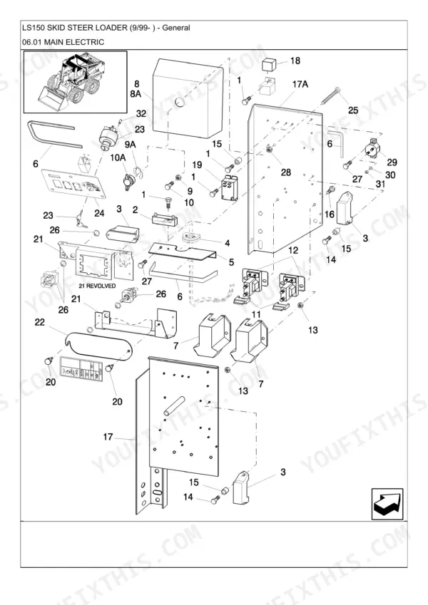 New Holland LS150 exploded view diagram of the main electric system, showing electrical panel components and mounting hardware.