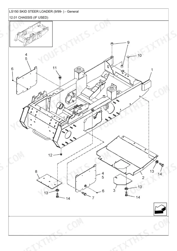 New Holland LS150 exploded view diagram of chassis frame, belly pans, and mounting hardware components.