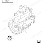 New Holland LS150 engine block assembly diagram showing engine, flywheel, and component kit.