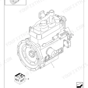 New Holland LS150 engine block assembly diagram showing engine, flywheel, and component kit.