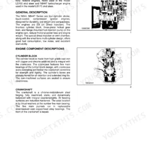 New Holland LS160, LS170, N844 Diesel engine general information, cylinder block, and crankshaft cross-section diagrams.