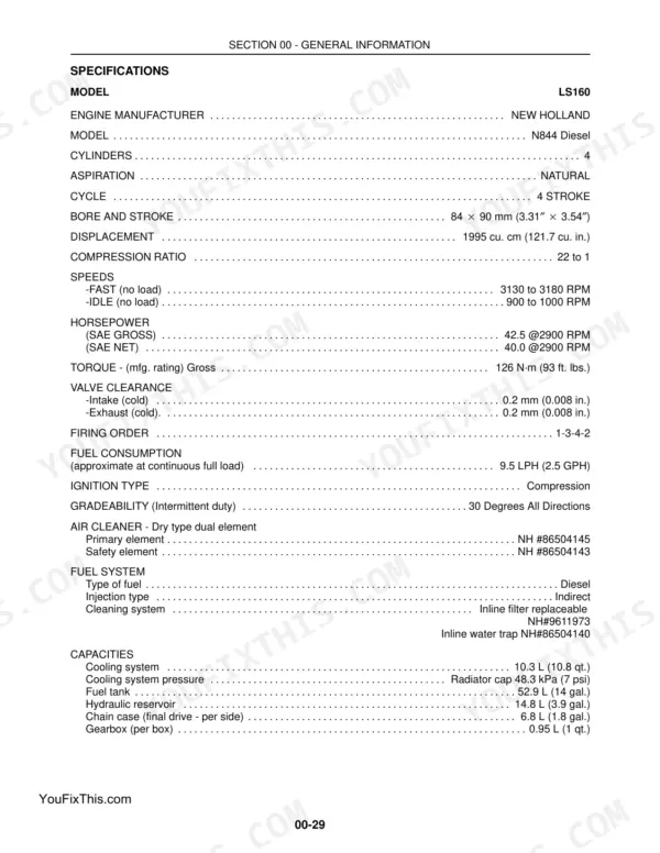 New Holland LS160, LS170, N844 Diesel engine specifications and fluid capacity table for service manual.