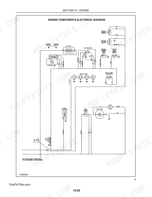 New Holland LS160, LS170, N844 Diesel engine components electrical wiring diagram showing starter, alternator, and sensors.